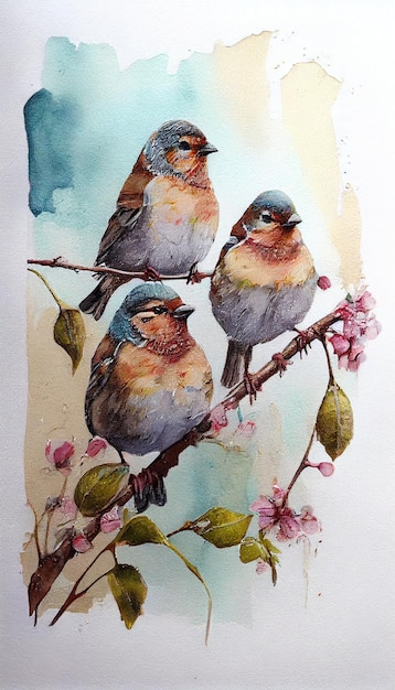 Une aquarelle d'oiseaux sur une branche avec des fleurs roses.