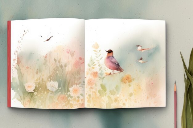 Une aquarelle d'oiseaux dans un champ avec des fleurs et du ciel en arrière-plan