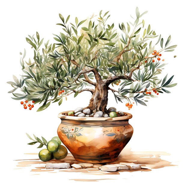 Aquarelle Olive Bonsai arbre pot en terre cuite feuilles allongées T-shirt clipart méditerranéen isolé