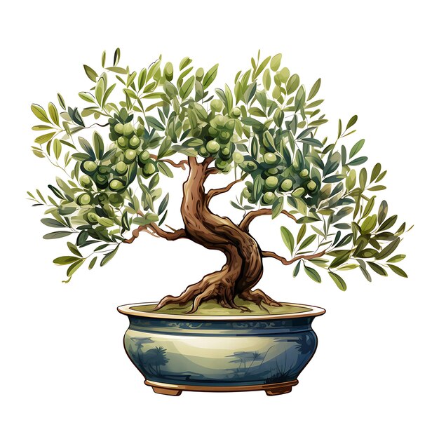 Aquarelle Olive Bonsai arbre pot en terre cuite feuilles allongées T-shirt clipart méditerranéen isolé