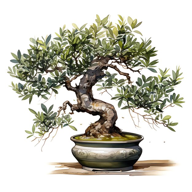 Aquarelle Olive Bonsai arbre pot en terre cuite feuilles allongées T-shirt clipart méditerranéen isolé