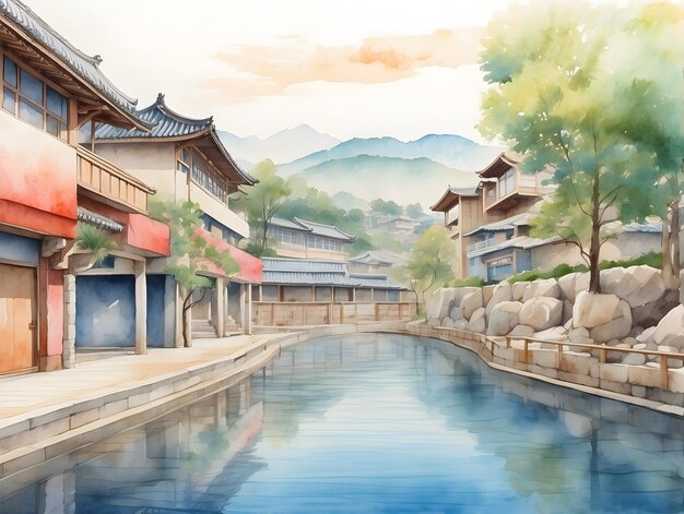 Photo aquarelle onsen spa dans chaque endroit célèbre japon et corée papier peint voyages de sources chaudes artistiques