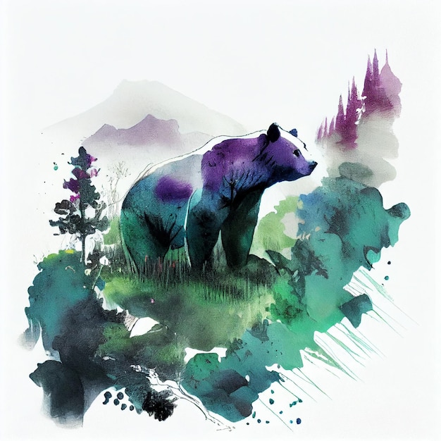 Une aquarelle d'un ours dans un champ avec des montagnes en arrière-plan.