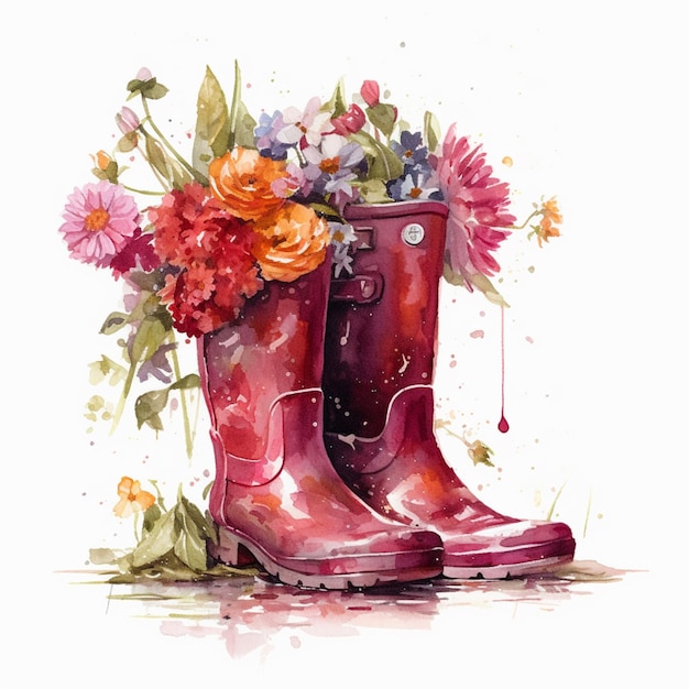 Une aquarelle d'une paire de bottes de pluie avec des fleurs au premier plan.