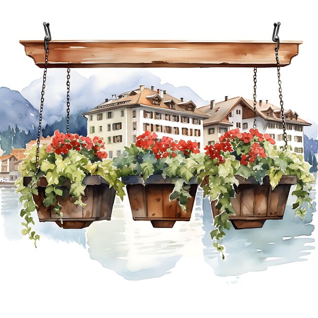 Photo aquarelle palafitte suisse suspendue au-dessus de l'eau fleur sur fond blanc esthétique maison