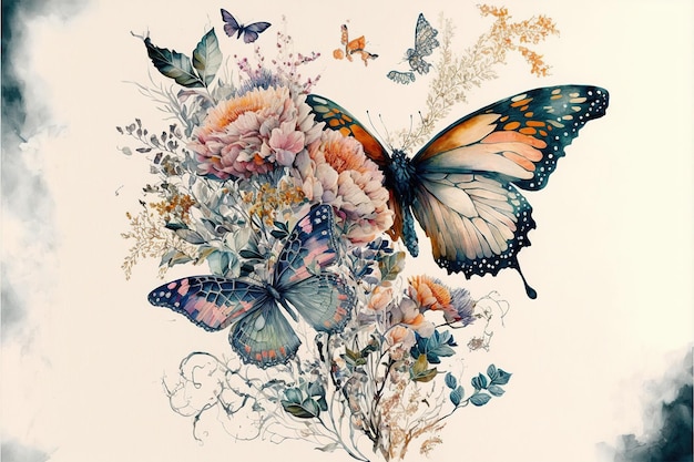 Aquarelle de papillon et jardin de fleurs fond isolé