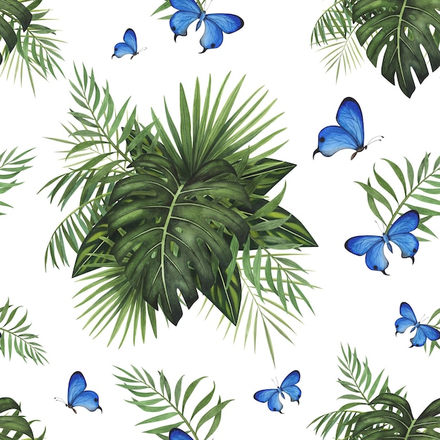 Aquarelle de papillon de modèle sans couture Tropic Monstera isolé sur blanc Conception d'illustration botanique aquarelle