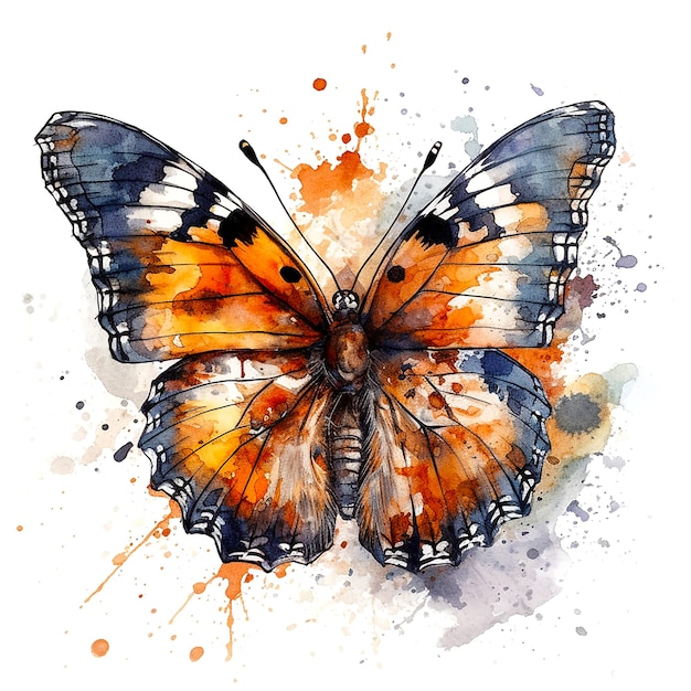 Une aquarelle d'un papillon monarque avec des ailes orange et des marques noires et blanches.
