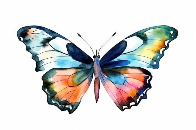 Aquarelle de papillons colorés avec de belles ailes isolés sur fond blanc Generative Ai