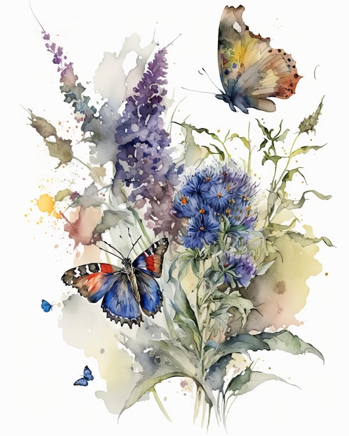 Une aquarelle de papillons sur une fleur