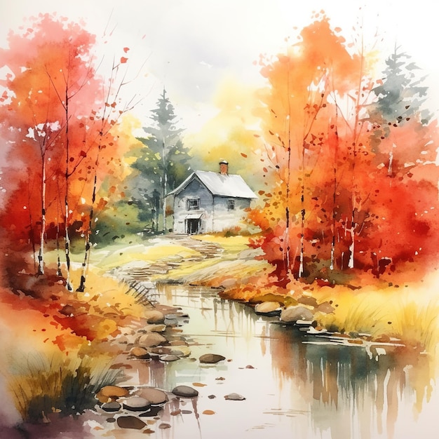 Aquarelle paysage d'automne aquarelle peinture feuille chute