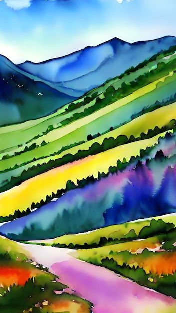 Aquarelle de paysage de colline dessin de dessin animé