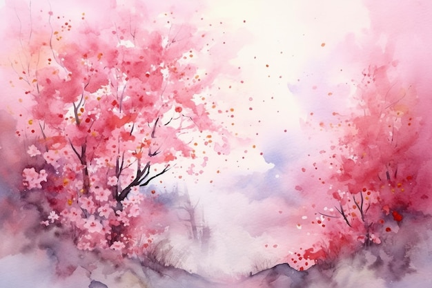 Une aquarelle d'un paysage japonais rose avec une route en arrière-plan.