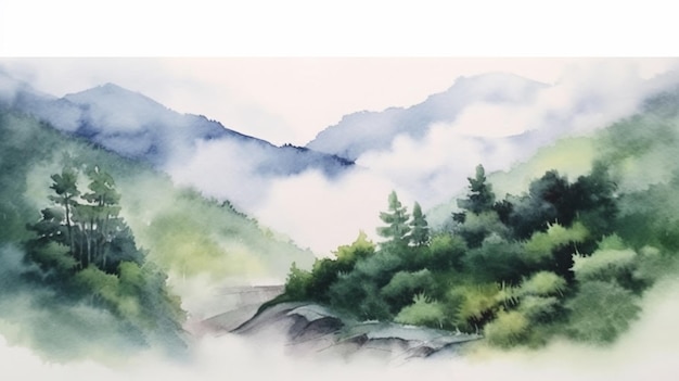 Une aquarelle d'un paysage de montagne avec une forêt et une montagne en arrière-plan.