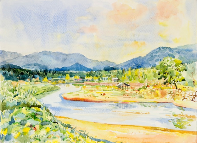 Aquarelle paysage peinture originale colorée de la maison avec rivière et forêt de montagne.