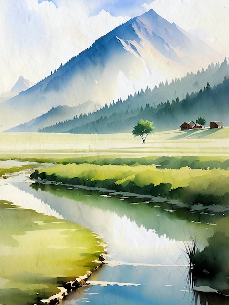 Aquarelle paysage peinture rétro illustration Reproduction