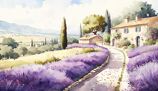 Aquarelle paysage provençal d'été avec arbres fleurs de lavande et maison Ai générée