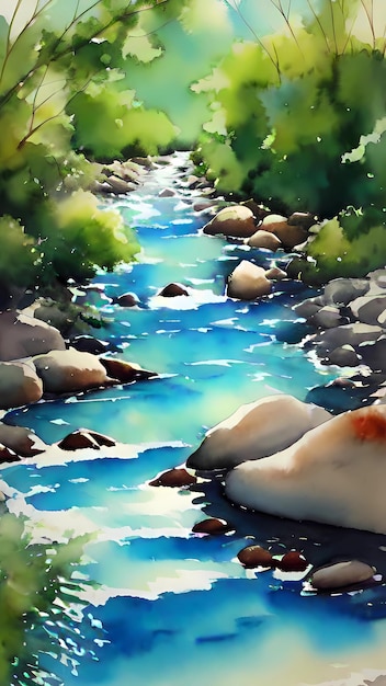Aquarelle de paysage de rivière dessin de dessin animé œuvre d'art