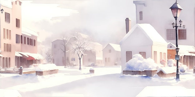 Aquarelle paysage urbain d'hiver maisons et rues couvertes de neige