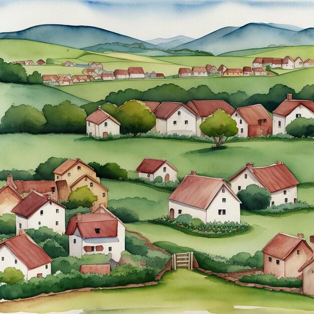 Aquarelle de paysage de village