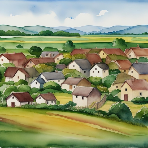 Aquarelle de paysage de village