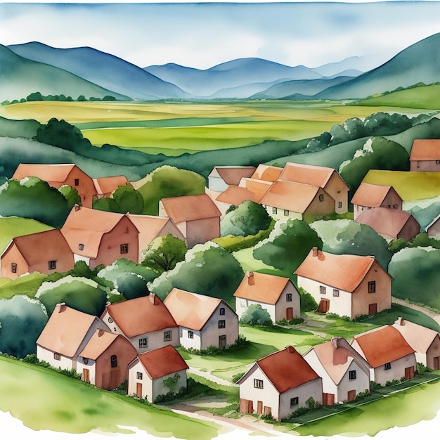 Aquarelle de paysage de village