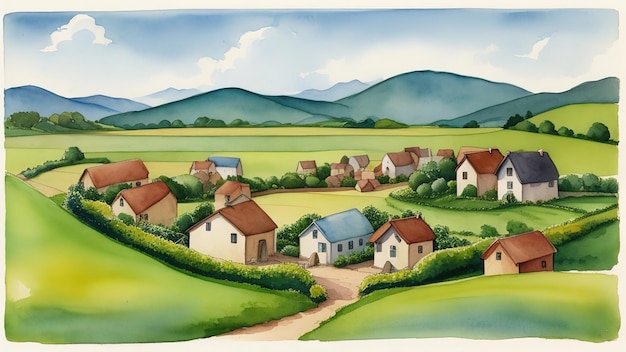 Aquarelle de paysage de village