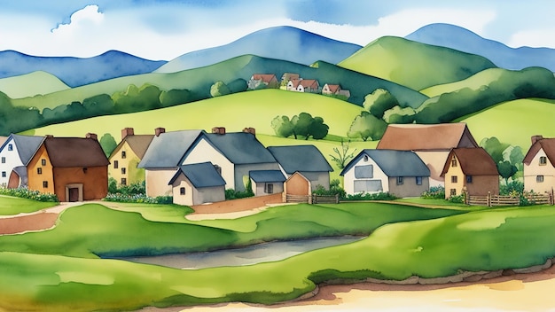 Aquarelle de paysage de village