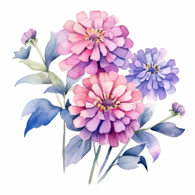 Aquarelle peinte à la main de fleurs de dahlia dans le style rose et bleu