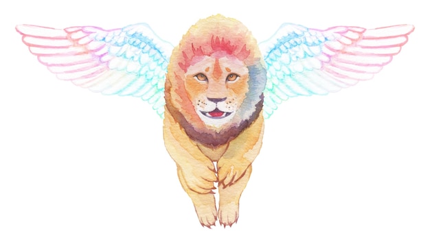 Aquarelle peinte à la main volant beau lion courageux avec de grandes ailes de cygne