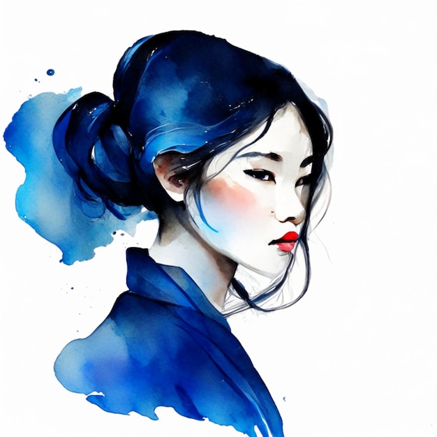 aquarelle peinture fille en robe chinoise bleue Generative AI
