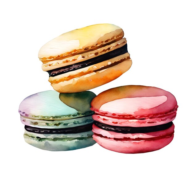 Aquarelle et peinture macaroons colorés ou macaroons et crème boulangerie de dessert maison