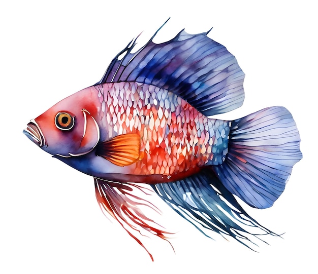 Aquarelle et peinture de poissons combattants colorés isolés sur fond blanc