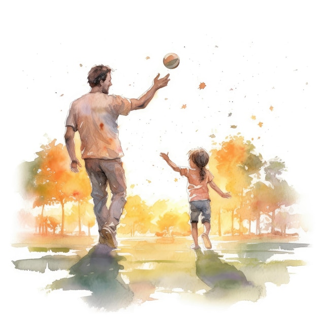 Aquarelle d'un père et d'un enfant jouant au catch dans un parc