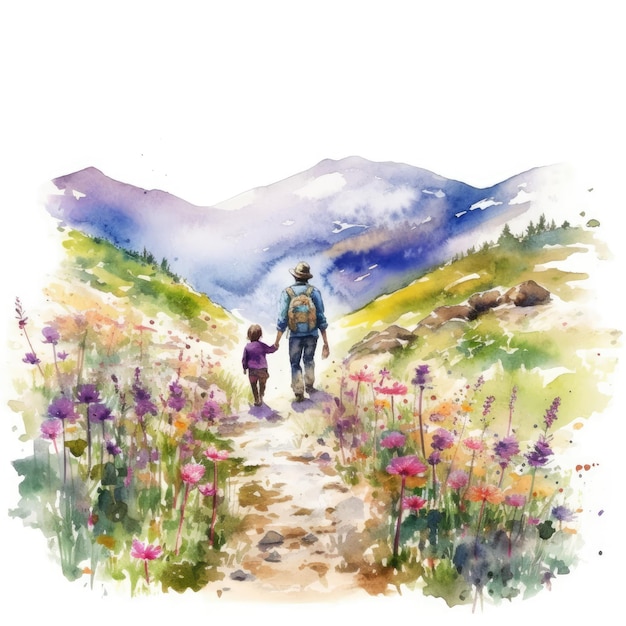 Aquarelle d'un père et d'un enfant en randonnée sur un sentier de montagne