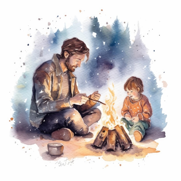 Aquarelle d'un père et d'un enfant rôtissant autour d'un feu de camp