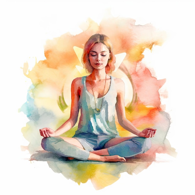 Aquarelle d'une personne méditant le yoga au soleil