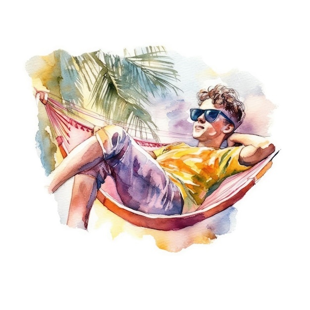 Aquarelle d'une personne portant des lunettes de soleil allongée dans un hamac