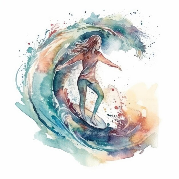 Aquarelle d'une personne surfant sur les vagues