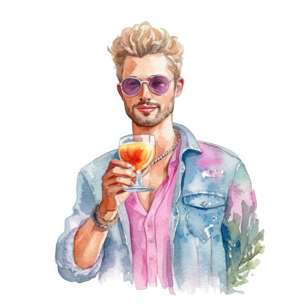 Aquarelle d'une personne tenant un cocktail avec une paire de lunettes de soleil