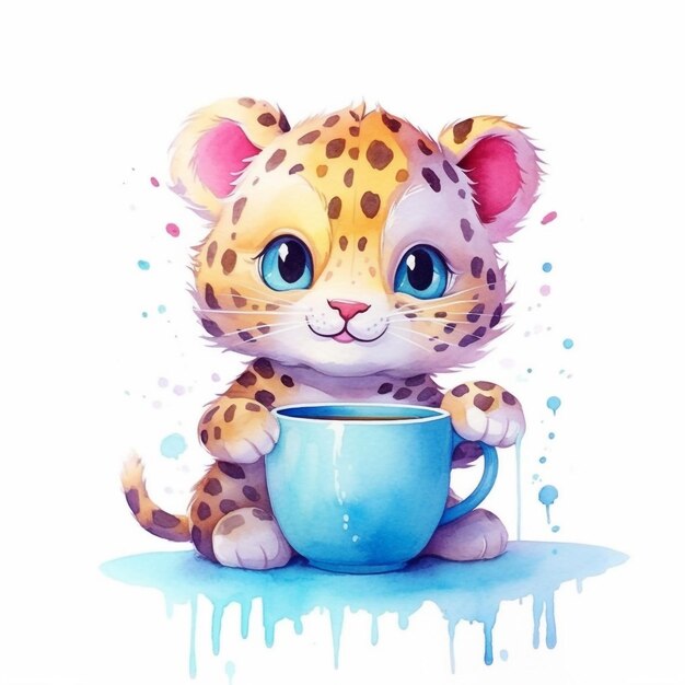 Une aquarelle d'un petit léopard aux yeux bleus tenant une tasse de café.