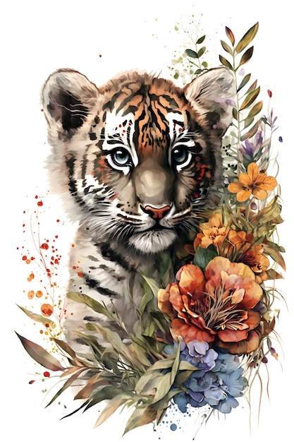 Une aquarelle d'un petit tigre avec des fleurs.