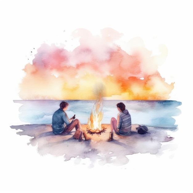 Aquarelle d'un peuple assis autour d'un feu de joie sur la plage