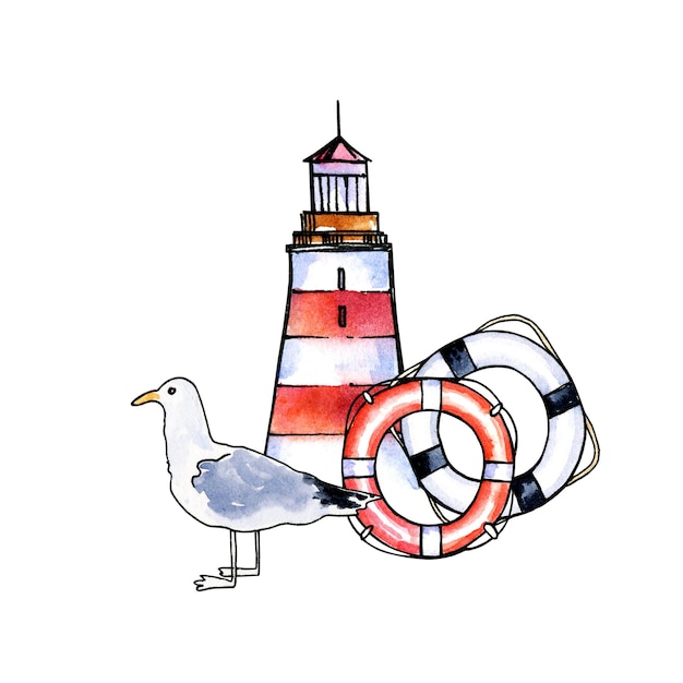 aquarelle phare dessiné à la main différentes lignes de vie rayées et illustration marine d'oiseaux de mer