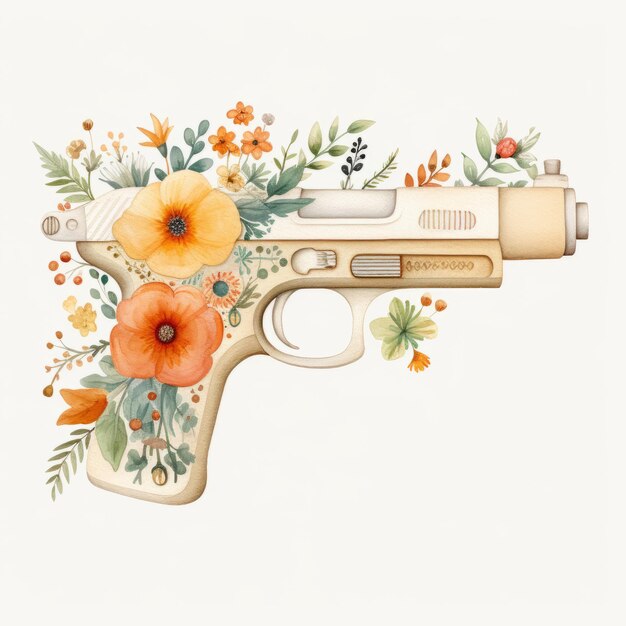 Aquarelle pistolet floral illustrations de dessins animés ludiques avec des scènes de genre réalistes