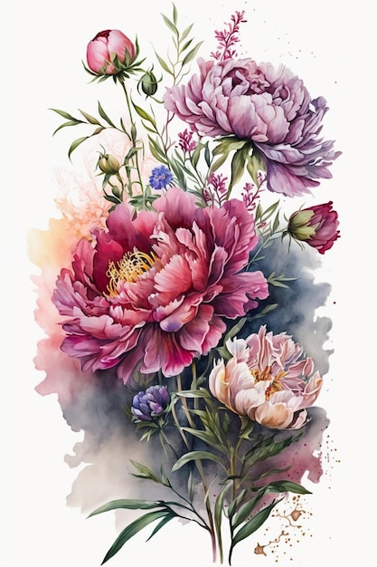 Une aquarelle de pivoines et autres fleurs.