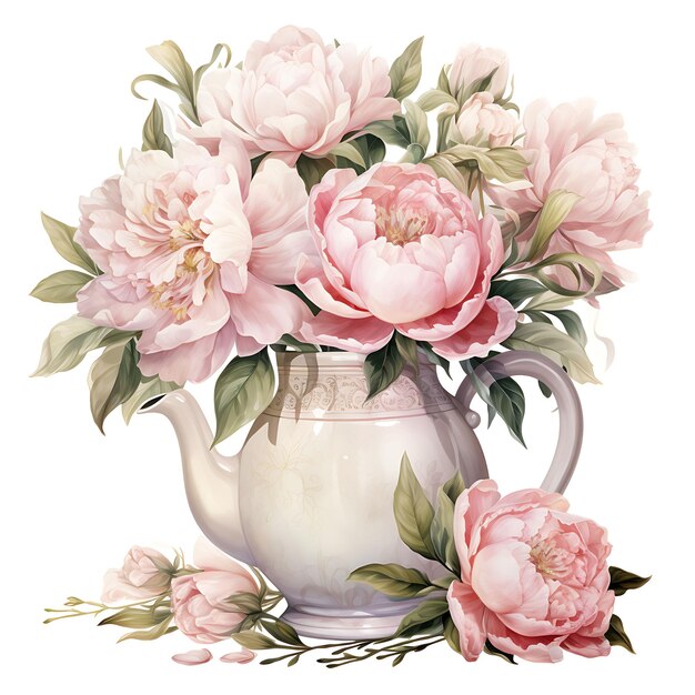 Aquarelle de pivoines blush rose douche de mariée rubans coulants et antiquités sur blanc BG Clipsart