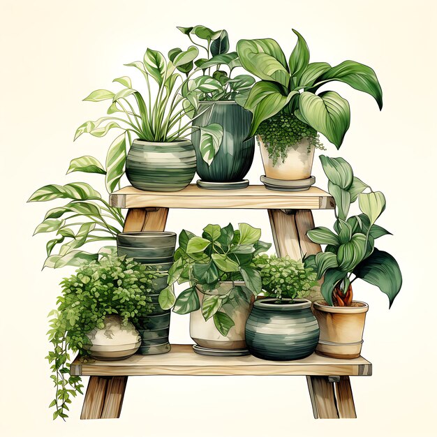 Aquarelle de plante nerveuse avec des bâtons de bambou Verts acides Pauvres à basiques Pot Illustration numérique Art