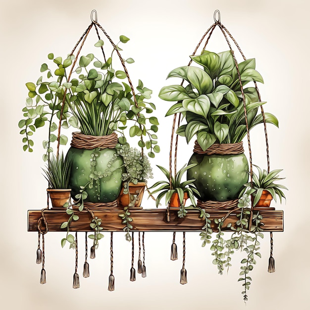Aquarelle de plante nerveuse dans des pots en terre cuite avec de la ficelle et des verts acides Art d’illustration numérique