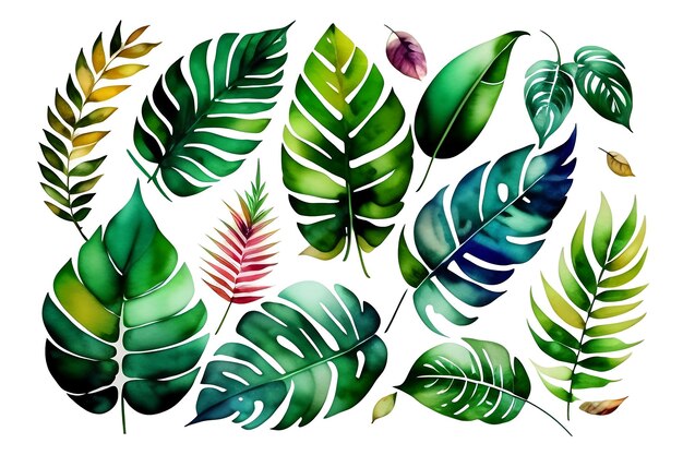 Aquarelle Plantes exotiques feuilles de palmier